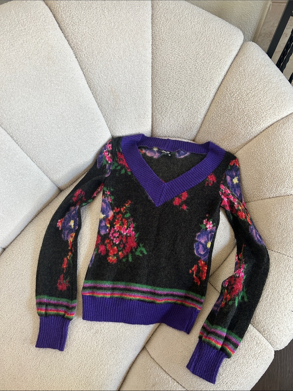 D&G Black Floral V-Neck Sweater with Purple Trim and Multicolor Accents